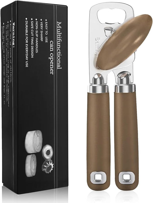 Safring Can Opener Manual, Heavy Duty Stainless Steel Smooth Edge Can Opener With Soft Touch Handle, Oversized Handheld Easy Turn Knob, Multi-Function Bottle Opener, Coffee