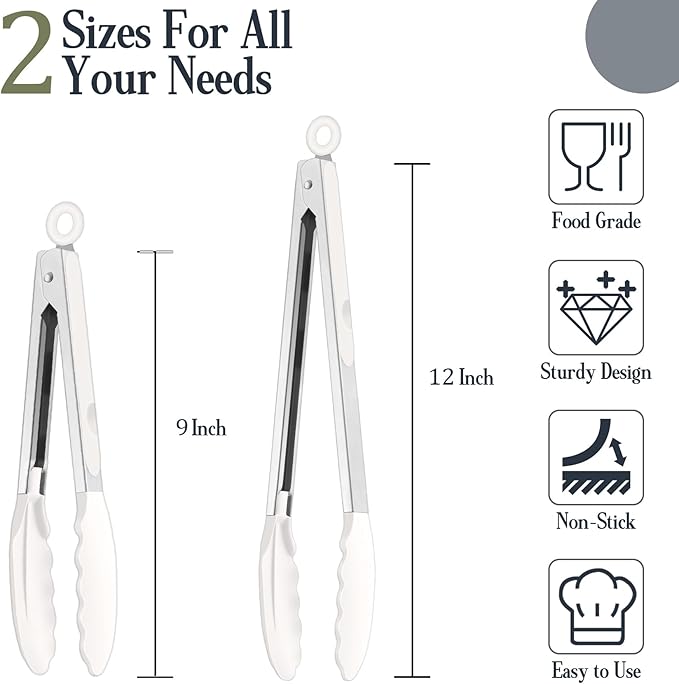 TeamFar Kitchen Tongs, 9" and 12" Stainless Steel Cooking Tongs with Silicone Tips for Cooking Grilling Serving & BBQ, Heat Resistant Silicone Tongs, Locking Design & Dishwasher Safe, Set of 2 & White - Image 2