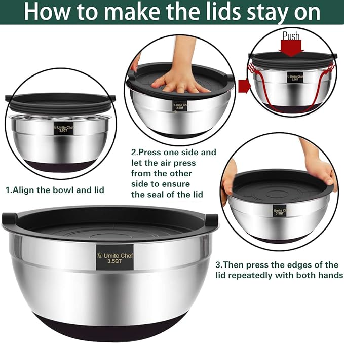 Umite Chef Mixing Bowls with Airtight Lids，6 piece Stainless Steel Metal Nesting Storage Bowls, Non-Slip Bottoms Size 7, 3.5, 2.5, 2.0,1.5, 1QT, Great for Mixing & Serving(Black) - Image 2
