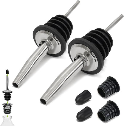 2PCS Stainless Steel Pourers, Speed Wine Bottle Pourer, Olive Oil and Vinegar Tapered Stopper Spout, Liquor Pourers with Rubber Dust Caps for Alcohol, Olive Oil,Bartender Accessories with 2 Adapters