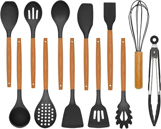 Kitchen Utensils Set - 12 Pcs Silicone Cooking Utensils Set with Wooden Handle - Heat Resistant Non-Stick BPA Free Spatula Set,Turner, Spoon, Brush, Silicone Kitchen Gadgets Utensil Set by SOFSNFood-gradeSiliconeKit