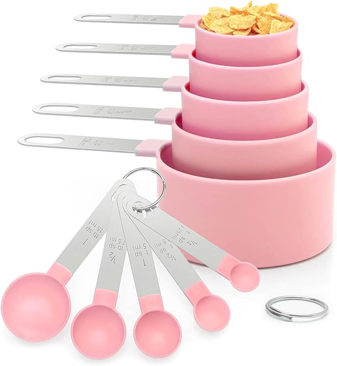 Measuring Cups and Spoons Set, 10 Pieces Stackable Measure Tools with Stainless Steel Handles, Kitchen Gadgets for Cooking & Baking (Pink) by Unknown