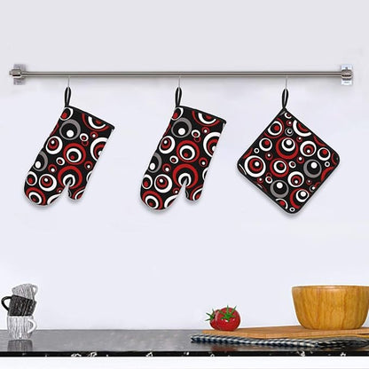 Retro Red Circles Oven Mitt and Pot Holder Set (3-Piece) - Heat Resistant Non-Slip Modern Geometric Gloves Gift for Chef Cooking Baking Grilling BBQ Lovers, Stylish Kitchen Decor, Red White Black Grey - Image 2