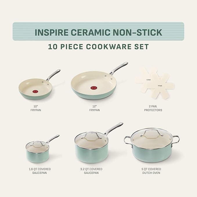 T-Fal Inspire Nonstick Ceramic Cookware Set, 10-Piece, Oven Safe to 500°F, Stockpot, Ceramic Pots and Pans Set, Frying Pans, Saucepans, Stockpot, Protectors, Mint Green - Image 2
