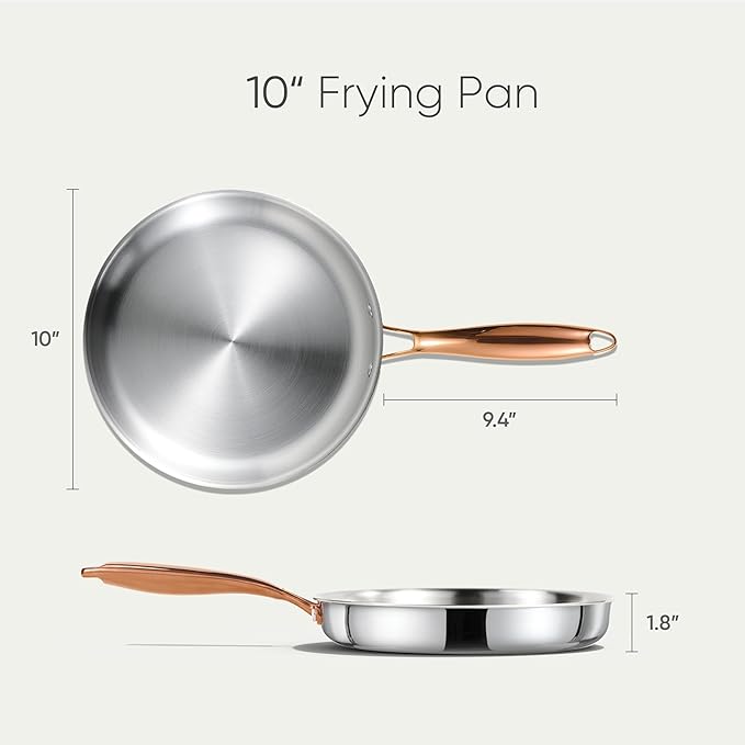 CAROTE 10" Tri-Ply Stainless Steel Frying Pan, Non-Toxic Egg Pan Omelet Pan, Oven Safe, Induction, Ceramic and Gas Cooktops Compatible, Polished Silver - Image 2
