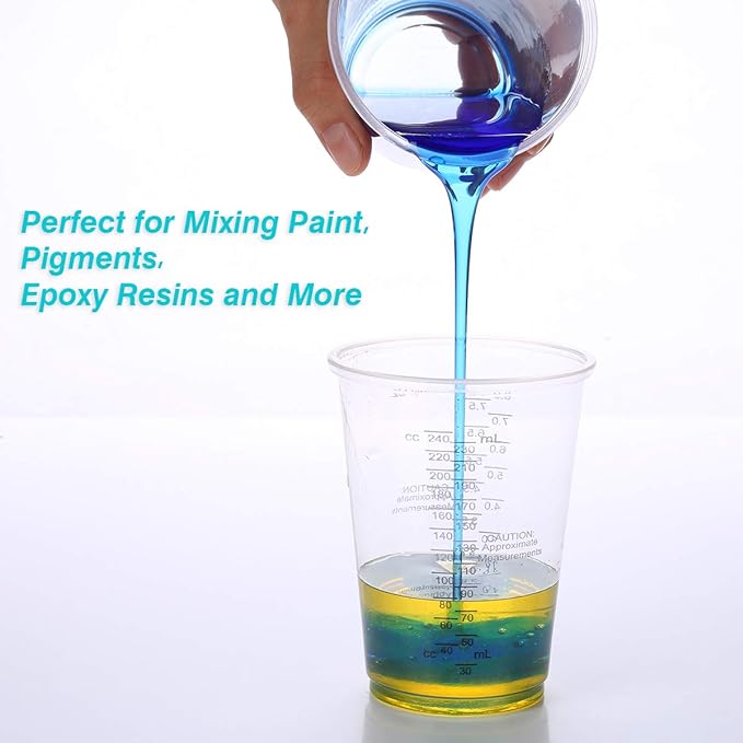 XUXU 50pcs 8oz Graduated Clear Plastic Measuring Cups with Wooden Stirring Sticks for Mixing Paint, Pigments, Epoxy Resins, Resins - Image 3