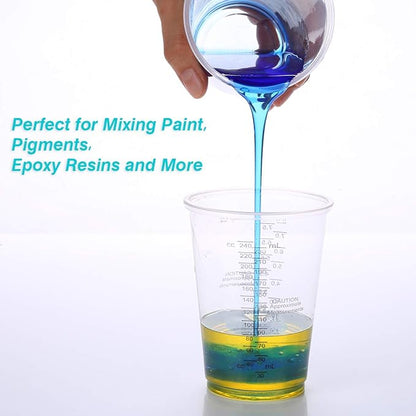 XUXU 50pcs 8oz Graduated Clear Plastic Measuring Cups with Wooden Stirring Sticks for Mixing Paint, Pigments, Epoxy Resins, Resins - Image 3