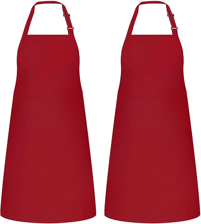 NLUS 2 Pack Kitchen Aprons with 2 Pockets for Women Men, Chef Aprons for Baking BBQ Cooking, Red by NLUS