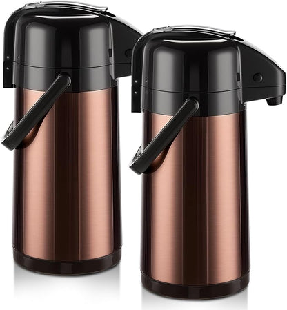 PARACITY Upgraded Airpot Coffee Carafe with Double Pump, Stainless Steel Drink Dispenser for Hot/Cold Beverage with Lazy Susan Base for Hot Cocoa for Parties (2 Pack - Gold Brown, 84.5 Ounces)