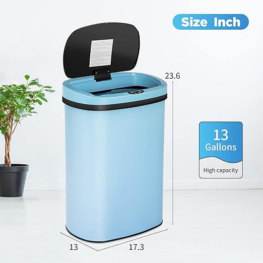 13 Gallon 50 Liter Garbage Can Kitchen Trash Can with Lid Automatic Sensor Touch Free Stainless Steel Waste Bin for Bathroom Bedroom Home Office (Blue) - Image 7
