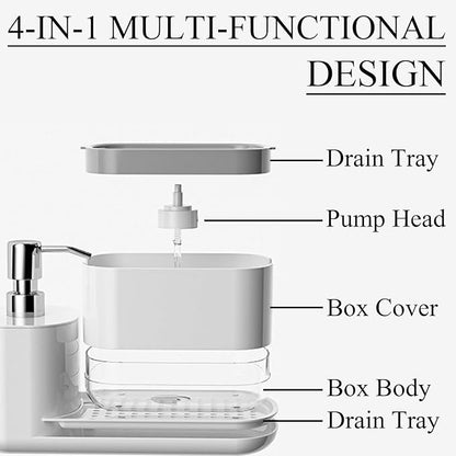 Kitchen Soap Dispenser Set with Tray, 4-in-1 Dual Hand and Dish Soap Dispenser with Sponge Holder for Kitchen Sink, Practical Kitchen Gadgets (White)