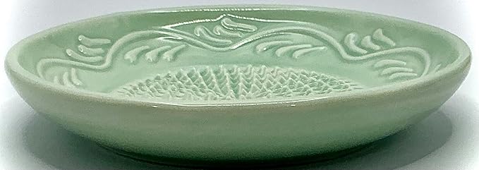 BonCera, All-in-one Premium Ceramic Garlic Grater Plate 4-Piece Set - Turquoise Green Floral Edge Design - For Garlic, Ginger, Chocolate, and more! - Comes with 5" Plate, Peeler, Brush, and Stand