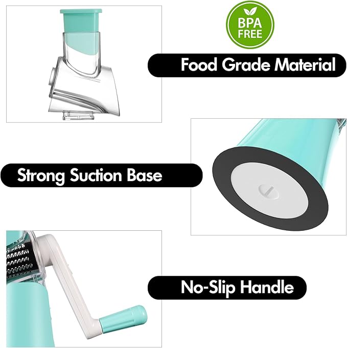 Cheese Grater Hand Crank, Rotary Vegetable Shredder with Handle and Strong Suction base, 3 in 1 Kitchen Speed Spin Veggie Slicer Nut Grinder for Pizza Top, Hash brown, Salad and More (Blue) - Image 7