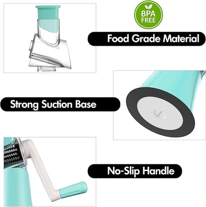 Cheese Grater Hand Crank, Rotary Vegetable Shredder with Handle and Strong Suction base, 3 in 1 Kitchen Speed Spin Veggie Slicer Nut Grinder for Pizza Top, Hash brown, Salad and More (Blue) - Image 7