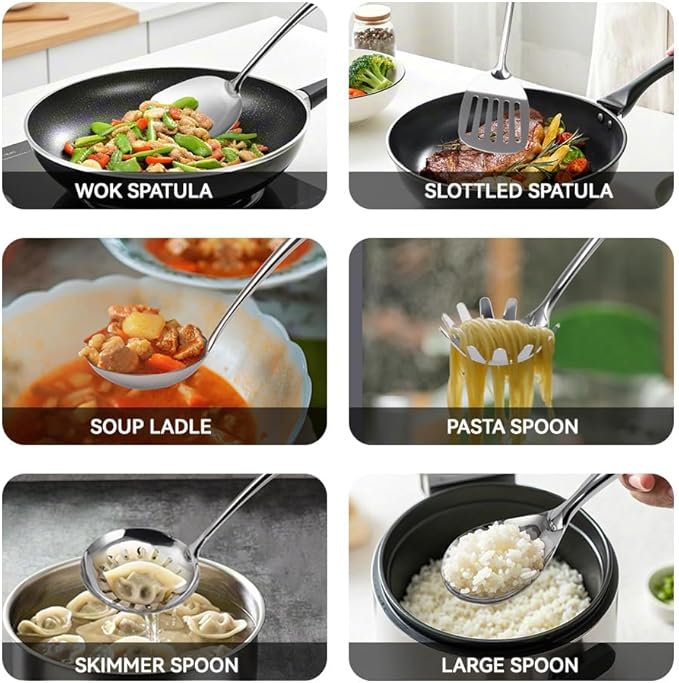 VALESKA 6PCS Stainless Steel Cooking Utensils Set,Metal Kitchen Utensils Set, Include Wok Spatula Stainless Steel,Metal Pasta Spoon and etc,Easy to Clean - Image 3