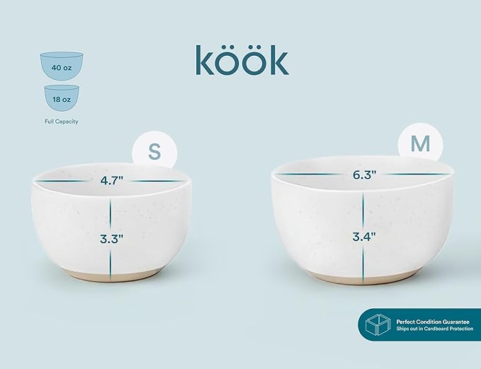 KooK Mixing Bowls, Ceramic Nesting Bowls, Stoneware Kitchen Bowls, For Prep, Serving, Dishwasher Safe, 18/40/90/140 oz, Set of 4, Moonstone - Image 8