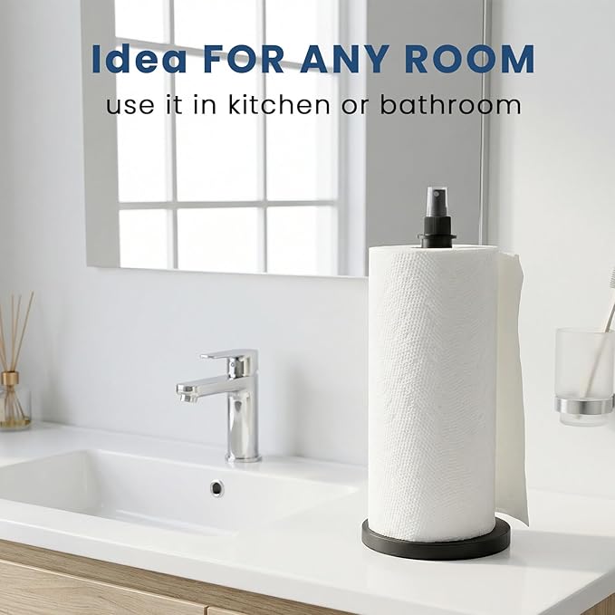 2 in 1 Paper Towel Holder with Spray Bottle, Countertop Paper Towel Holder with Weighted Base, Stainless Steel Paper Towel Roll Holder Black for Kitchen, Bathroom (Black)