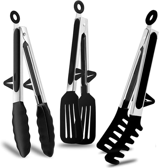 Kitchen Tongs, 9 Inch Tongs for Cooking with Silicone Tips, Food Grade Small Silicone Tong, Mini Serving Tongs for Nonstick Pans, BBQ, Salad, Set of 3, Black by TOWINGO