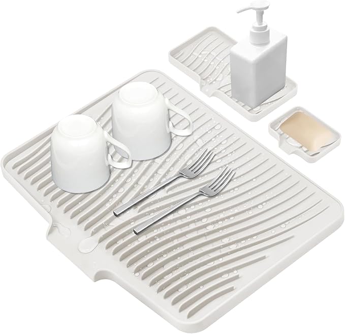 Silicone Dish Drying Mat for Kitchen Counter, Dish Drying Pad, Non-Slip Drain Pad with Built-in Drain, Heat Resistant Stone Drying Mat by COPLIB