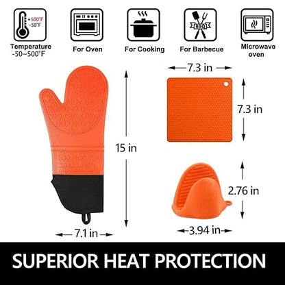 Silicone Oven Mitts and Pot Holders Set, MTZRFLL Extra Long Heat Resistant Oven Gloves with Hot Pads and Mini Oven Mittens for Grilling, Kitchen Cooking Baking, Soft Quilted Lining, Pack of 6 (Orange) - Image 6
