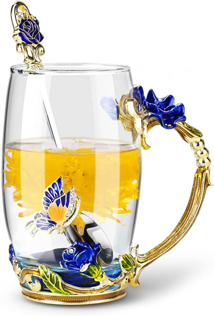 OEAGO Gifts for Mom Women Mothers Day Glass Coffee Enamels Mug Best Birthday Butterfly Rose Gifts for Her from Daughter Son Lead-Free Christmas Blue Tea Cup with Spoon Set - Image 3