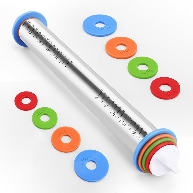 Rolling Pin with Adjustable Thickness Rings for Baking,Stainless Steel Dough Roller,Baking Supplies for Cookie Fondant Pizza Cake Pasta by Unknown