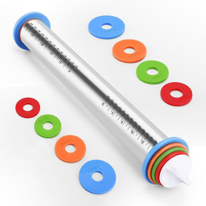 Rolling Pin with Adjustable Thickness Rings for Baking,Stainless Steel Dough Roller,Baking Supplies for Cookie Fondant Pizza Cake Pasta by Unknown