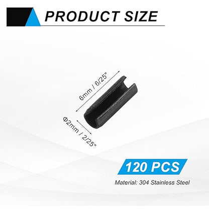 MECCANIXITY 120Pcs Slotted Split Roll Pins 2/25 Inch(2mm) Dia. 6/25 Inch(6mm) Length Steel Spring Tension Expansion Dowels for Secure Fastening, Black