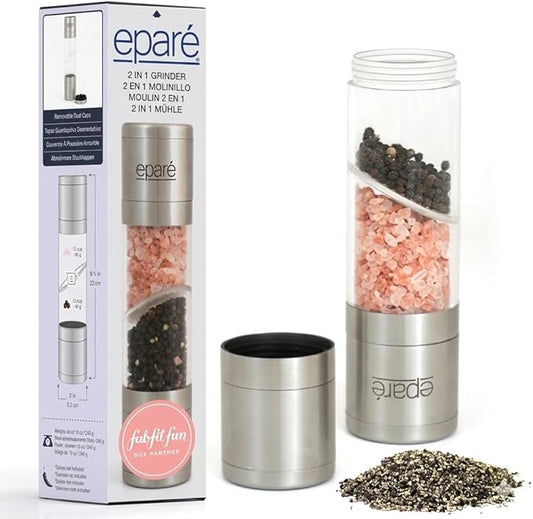 Eparé Salt and Pepper Grinder in One – 2 in 1 Salt and Pepper Grinder Combo for Kitchen Use – Manual Stainless Steel Himalayan Salt Grinder Refillable All-in-One by Epare