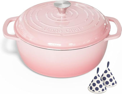 Umite Chef 6QT Enameled Cast Iron Dutch Oven with Lid, Versatile Heavy-Duty Cookware Pot for Baking Bread, Braising, Soups & Stews, Oven & Stovetop Safe with Heat Resistant Gloves(Pink) - Image 9