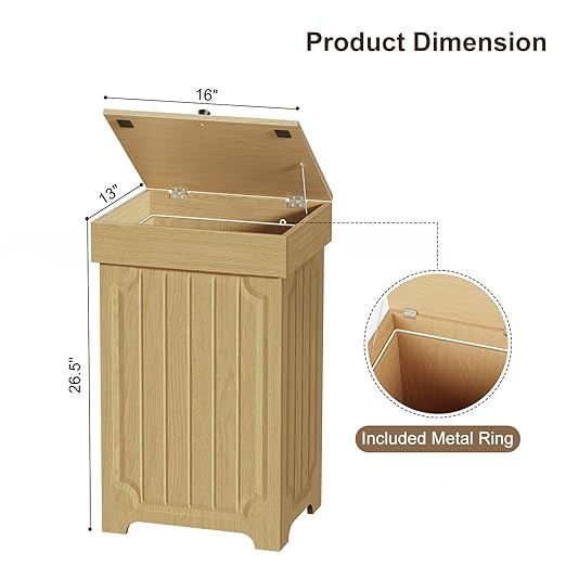 Povrgive Wood Trash Can Cabinet, 13 Gallon Hidden Kitchen Garbage Can with Lid, Farmhouse Dog Proof Trash Can, Metal Ring Included, 16" L x 13" W x 26.5" H, Wood - Image 2