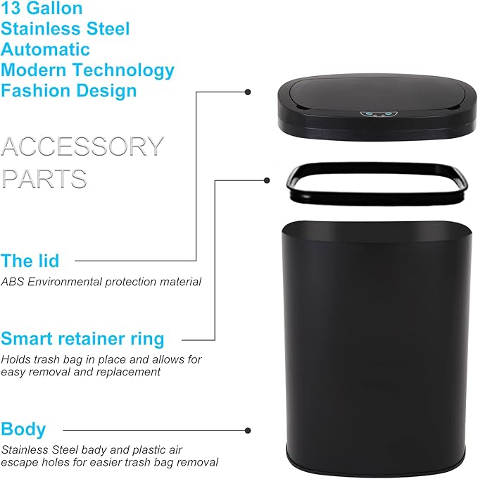Bigacc Kitchen Trash Can | Stainless Steel 13 Gallon Trash Can | 50L Touch Free Garbage Can with Lid | Electronic Motion Sensor Automatic Trash Bin High Capacity for Kitchen Bathroom Office, Black - Image 5