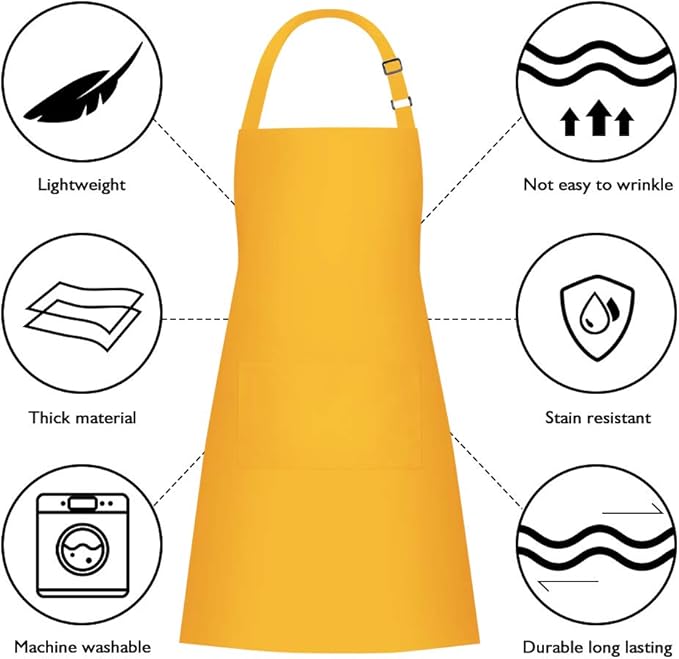 Jubatus 2 Pack Bib Aprons with 2 Pockets Cooking Chef Kitchen Apron for Women Men, Yellow - Image 6