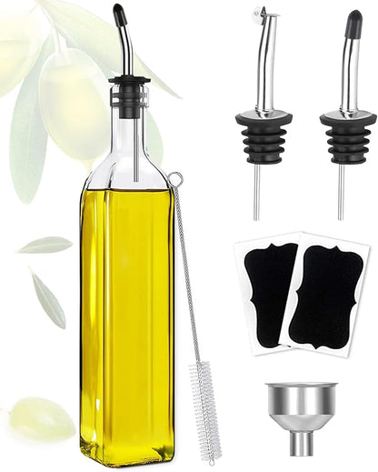 Showvigor Olive Oil Dispenser, 17oz/500ml Square Tall Glass Container With 2 Stainless Steel Pourers, 2 Labels, 1 Brush and 1 Funnel for Kitchen by Showvigorismorethanjustabranditsalifestyle
