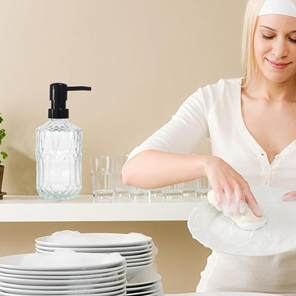Clear Glass Soap Dispenser with Black Pump, 15oz Liquid Hand Dispenser, Refillable Lotion Dish Soap Dispenser for Modern Home Decor, Bathroom, Kitchen Countertop, Hotel