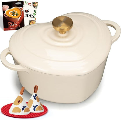 Overmont Enameled Cast Iron Dutch Oven - Heart-Shaped Pot with Lid Cookbook & Cotton Pot Holders - Mini Cookware Oven Safe to 500°F for Sourdough Baking Soups Stews - Great Gift for Wedding Birthday Housewarming 2QT White