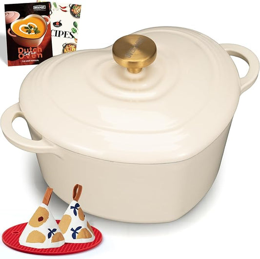 Overmont Enameled Cast Iron Dutch Oven - Heart-Shaped Pot with Lid Cookbook & Cotton Pot Holders - Mini Cookware Oven Safe to 500°F for Sourdough Baking Soups Stews - Great Gift for Wedding Birthday Housewarming 2QT White
