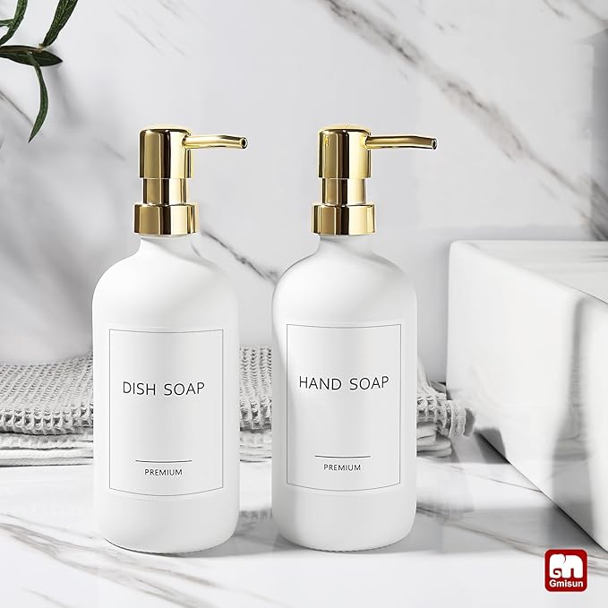 GMISUN White Soap Dispenser, 2 Pack Glass Hand Soap Dispensers Bathroom with Gold Pump, 17 Fl Oz Dish Soap Dispenser Set for Kitchen, Refillable Modern Liquid Soap and Lotion Dispensers Bottle - Image 4