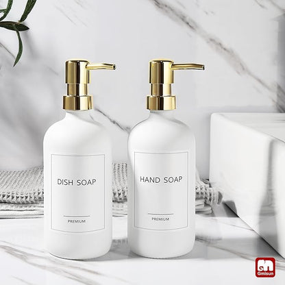 GMISUN White Soap Dispenser, 2 Pack Glass Hand Soap Dispensers Bathroom with Gold Pump, 17 Fl Oz Dish Soap Dispenser Set for Kitchen, Refillable Modern Liquid Soap and Lotion Dispensers Bottle - Image 4