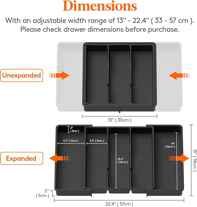 Lifewit Utensil Organizer for Kitchen Drawers, Expandable Cooking Utensil Tray, Adjustable Cutlery Silverware Flatware Holder, Plastic Spatula Tools Storage Divider, 13-22 x 15", Black - Image 2