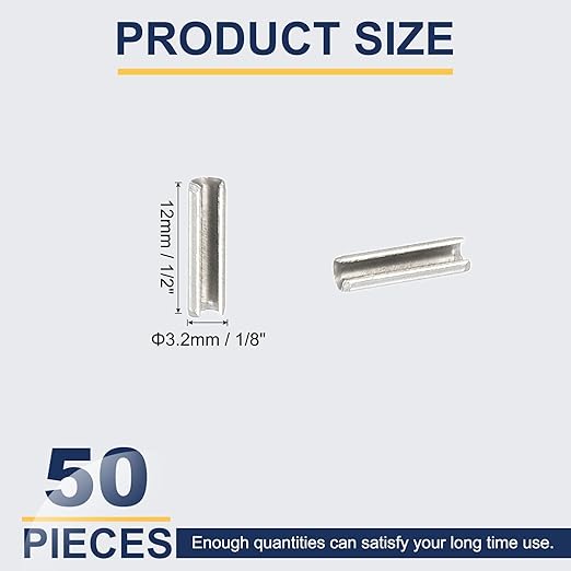 PATIKIL Slotted Spring Pin, 50 Pcs 1/8" x 1/2" (3.2mm x 12mm) 304 Stainless Steel Split Roll Pins Spring Dowel for Home Improvement Automotive Machine Repair, Silver