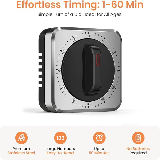 Mechanical Kitchen Timer with Magnet: Wind Up Cooking Timer Clock with Loud Alarm, Kitchen Timers for Cooking, No Battery Manual Food Timer for Baking, BBQ, Seniors & Daily Reminders - Image 6