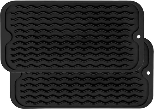 ZLR 2 Pcs Silicone Sponge Holder & Sink Caddy Tray (6" x 12") - Narrow Dish Drying Mat for Kitchen Counter - Waterproof Soap Dispenser Organizer, Non-Slip Bathroom Vanity Tray (Black) by ZLR