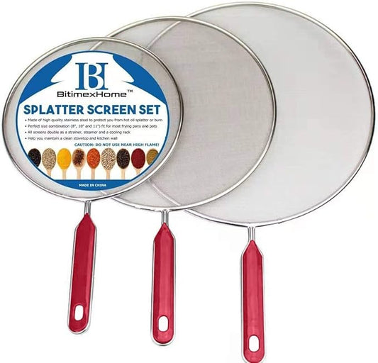 Grease Splatter Screen For Frying Pan Cooking Set of 3 (8", 10" and 11") Fine Mesh Iron Skillet Lid Guard Shield by BitimexHome