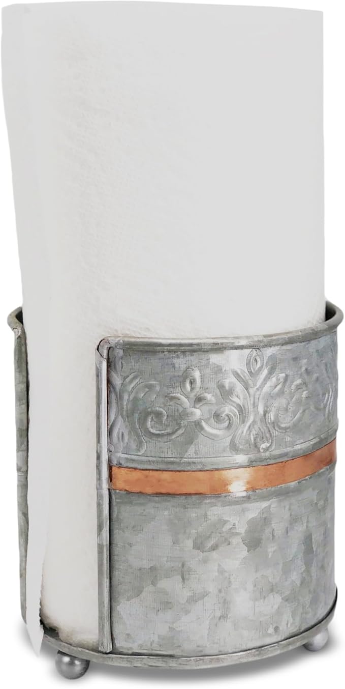 Autumn Alley Farmhouse Galvanized Kitchen Paper Towel Holder – Vintage Style Weighted Countertop Design – Rustic Warm Copper Accent with Galvanized Metal for Industrial Flair