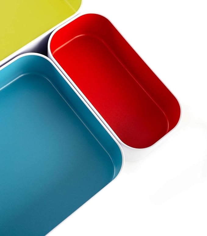 Three by Three Seattle 5 Piece Metal Organizer Tray Set for Storing Makeup, Stationery, Utensils, and More in Office Desk, Kitchen and Bathroom Drawers (2 Inch, Assorted Colors) - Image 5