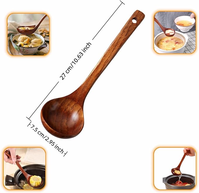 10" Premium Wooden Spoon for Cooking, Natural Teak - Non Drip, Heat Resistant & Comfort Grip, Handmade Smooth Wood Soup Spoon for Stirring, Serving, Non Stick Pots/Hot Soups and Broths - Image 6