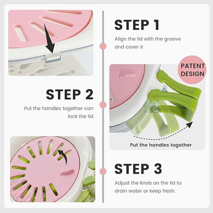 Fruit Vegetable Washer Cleaning Bowl with Strainer, Multifunctional Berry Strainer Container, Lettuce Storage Keeper for Fridge Organization, Kitchen Fruit Drainer Colander (Pink)
