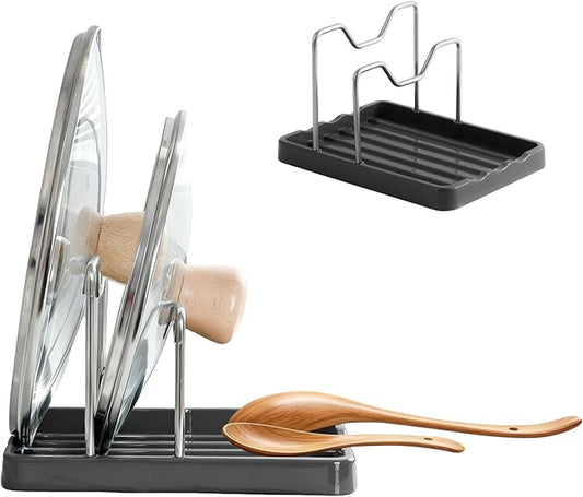 2 in 1 Pot Lid Holder & Spoon Rest for Kitchen Counter, Plastic Utensil Rest with Stainless Steel Pan Lid Holder Organizer While Cooking, Countertop Space Saving Pot Cover Rack | Easy to Clean by Aenfaiy