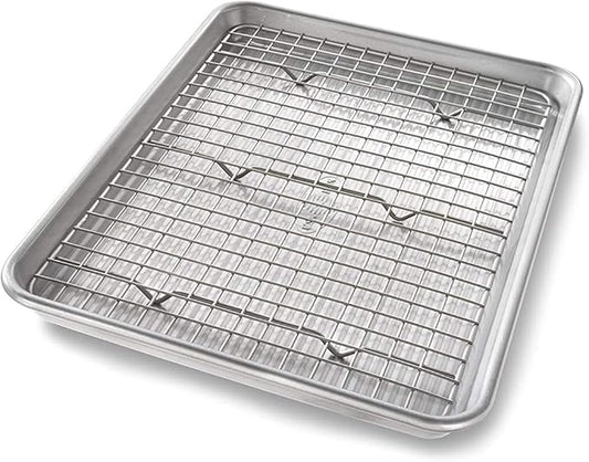 USA Pan Bakeware Quarter Sheet Baking Pan and Bakeable Nonstick Cooling Rack Set, Metal by USAPan